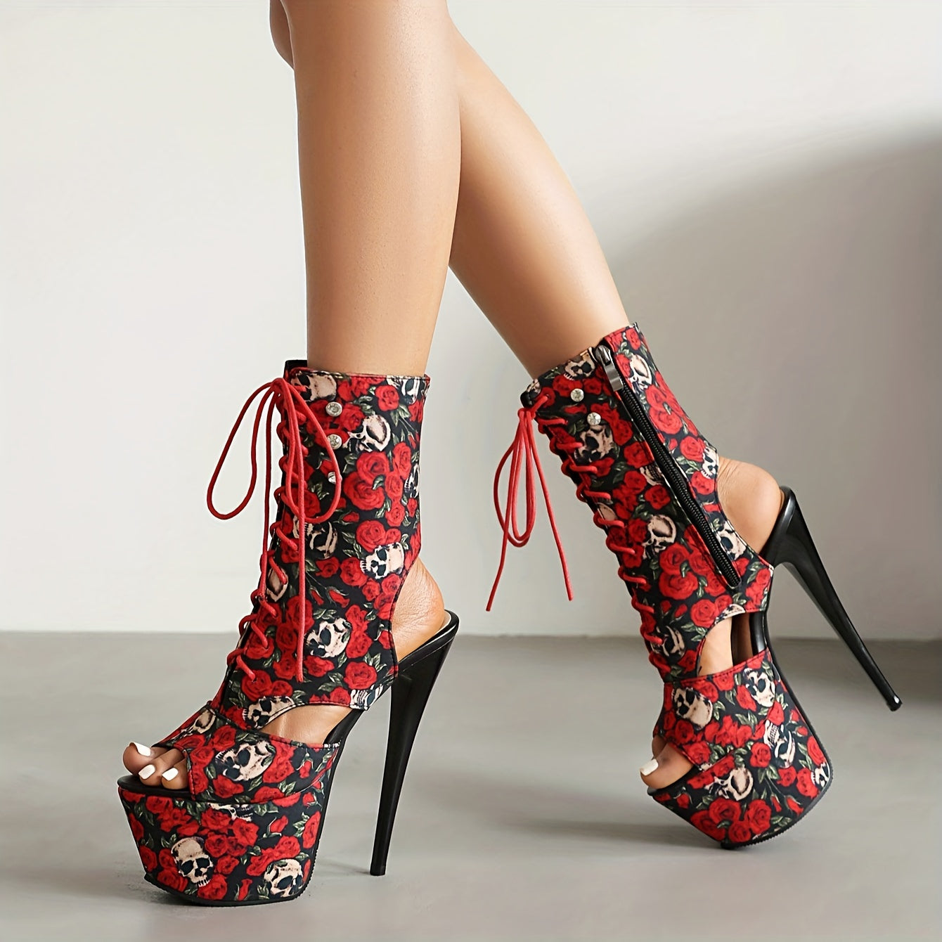 Women's Skull & Flower Pattern Stiletto Heels with Open Toe and Platform, Side Zipper Dress Pumps