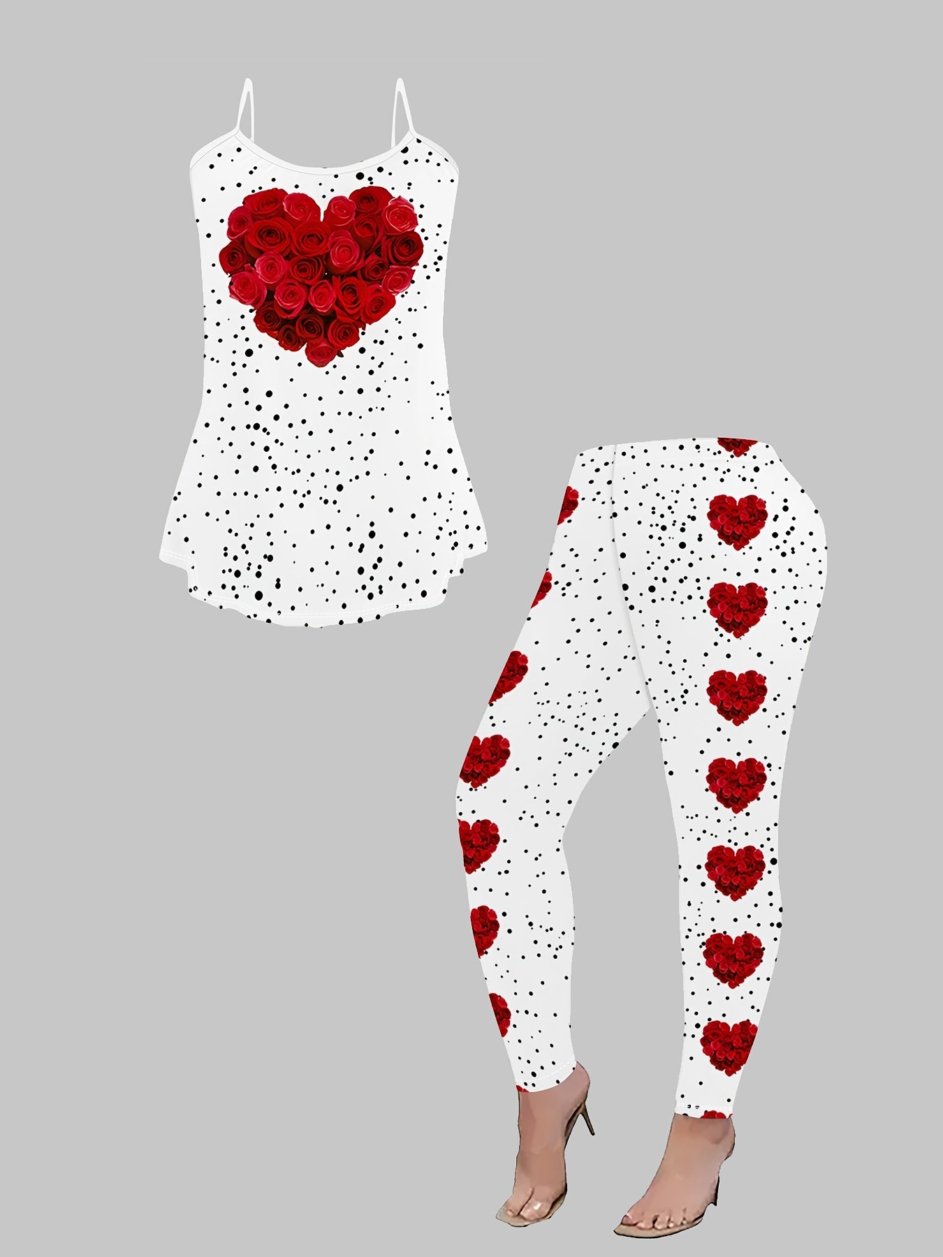 Elegant 3pcs Valentine's Day Outfit Set - Polyester Knit Fabric Crew Neck Top and Pants - 95% Polyester, 5% Spandex, All Over Heart & Rose Flower Print, Versatile All-Season Wear