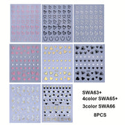 8pcs Rectangle Self-adhesive Glossy Plastic Nail Stickers, Pink Black White, Heart Pattern, Valentine Design, Golden Geometry Wave Lines Stripe Stars, Fantasy Theme, with Glitter, for Manicure Decoration