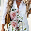 Women'S Floral Print Long Sleeve Casual Button-Up Shirt - White with Pink Roses & Green Leaves, Perfect for All Seasons, Casual Attire|Floral Print Shirt|Long Sleeve Shirt