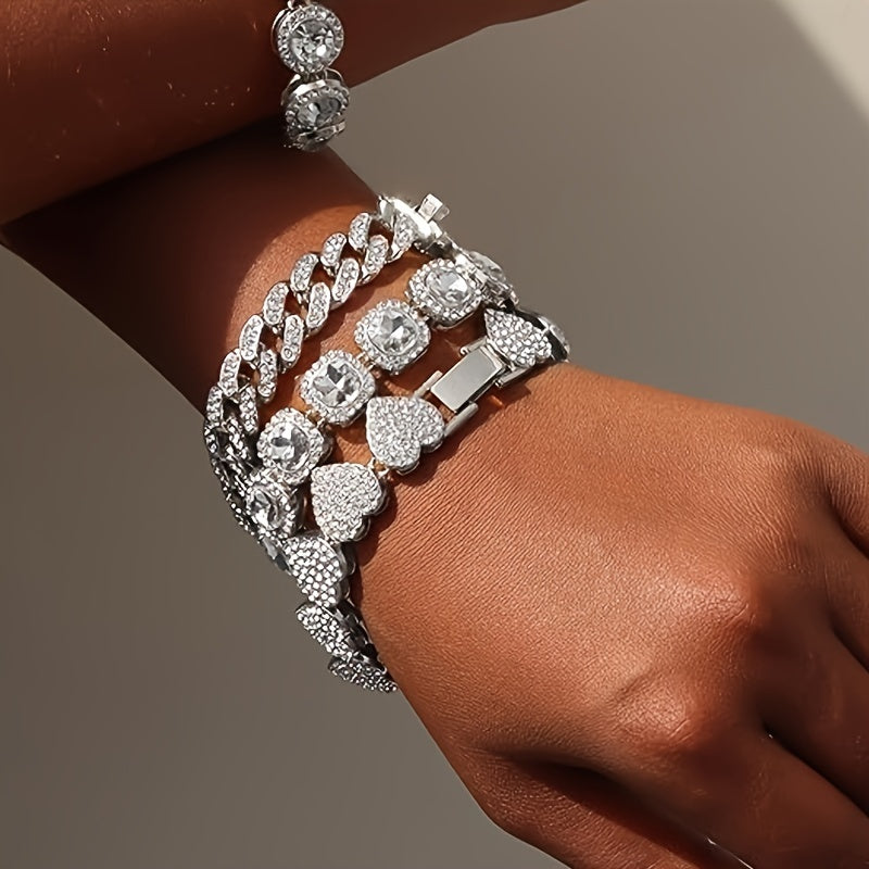 Fashion Women's 4-piece Combo Set - Women's Heart-studded Synthetic Zircon Cuban Bracelet - Multi-layer Chain Bracelet Set - Perfect For Giving Women's Gift Set - , Banquet, Gift Giving, Everyday Accessories