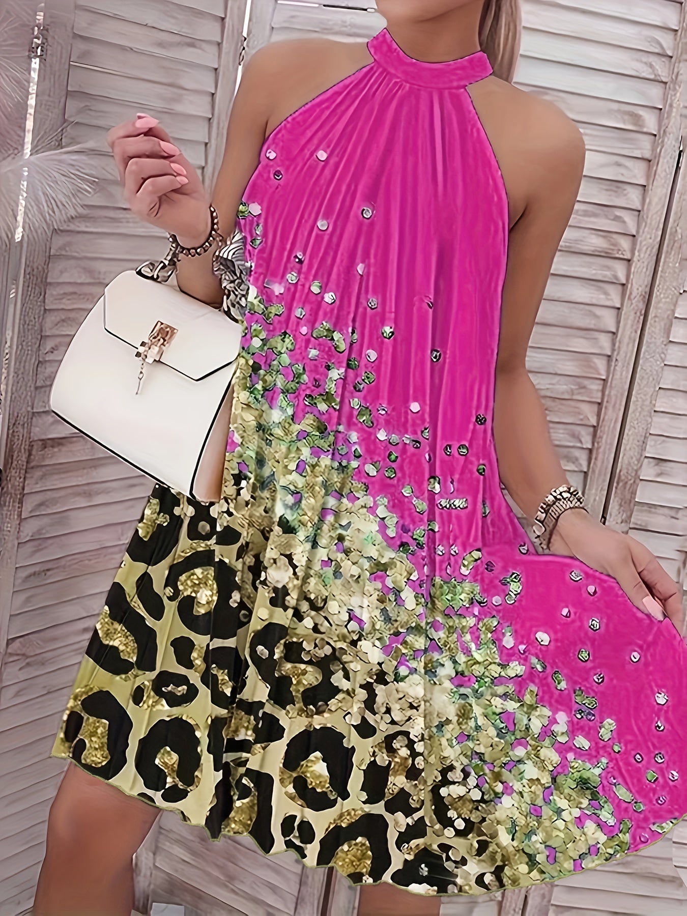 Graphic Print Pleated Halter Neck Dress, Elegant Sleeveless Loose Dress For Spring & Summer, Women's Clothing