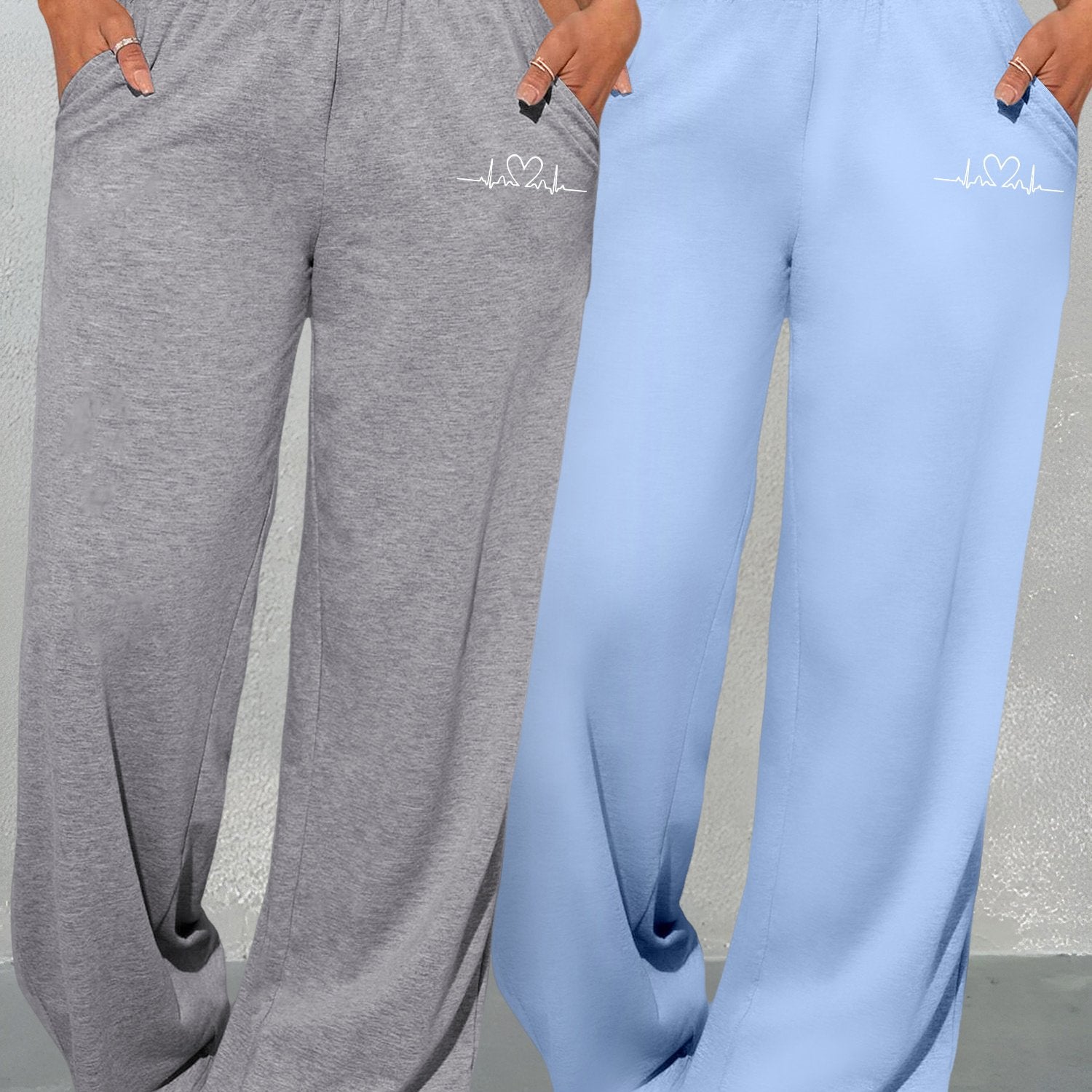K6 Two-piece Women's Clothing Set with Geometric Pattern & Love Print Wide Leg Pants Loose Pocket Sweatpants Versatile High Waist Casual Long Pants