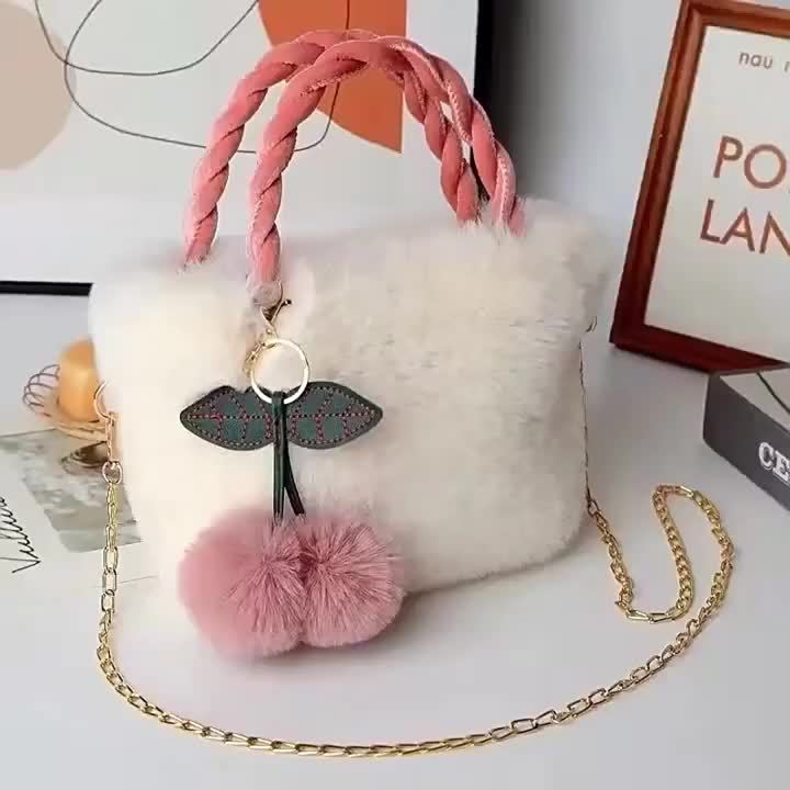 1pc Women's Preppy Synthetic Crossbody Bag With Detachable Chain Strap, Buckle Closure, Wristlet and Plush Cherry Pendant - Unlined, Edge Painted, Perfect for Gifts and Birthdays | Removable Strap | Dry Clean Only