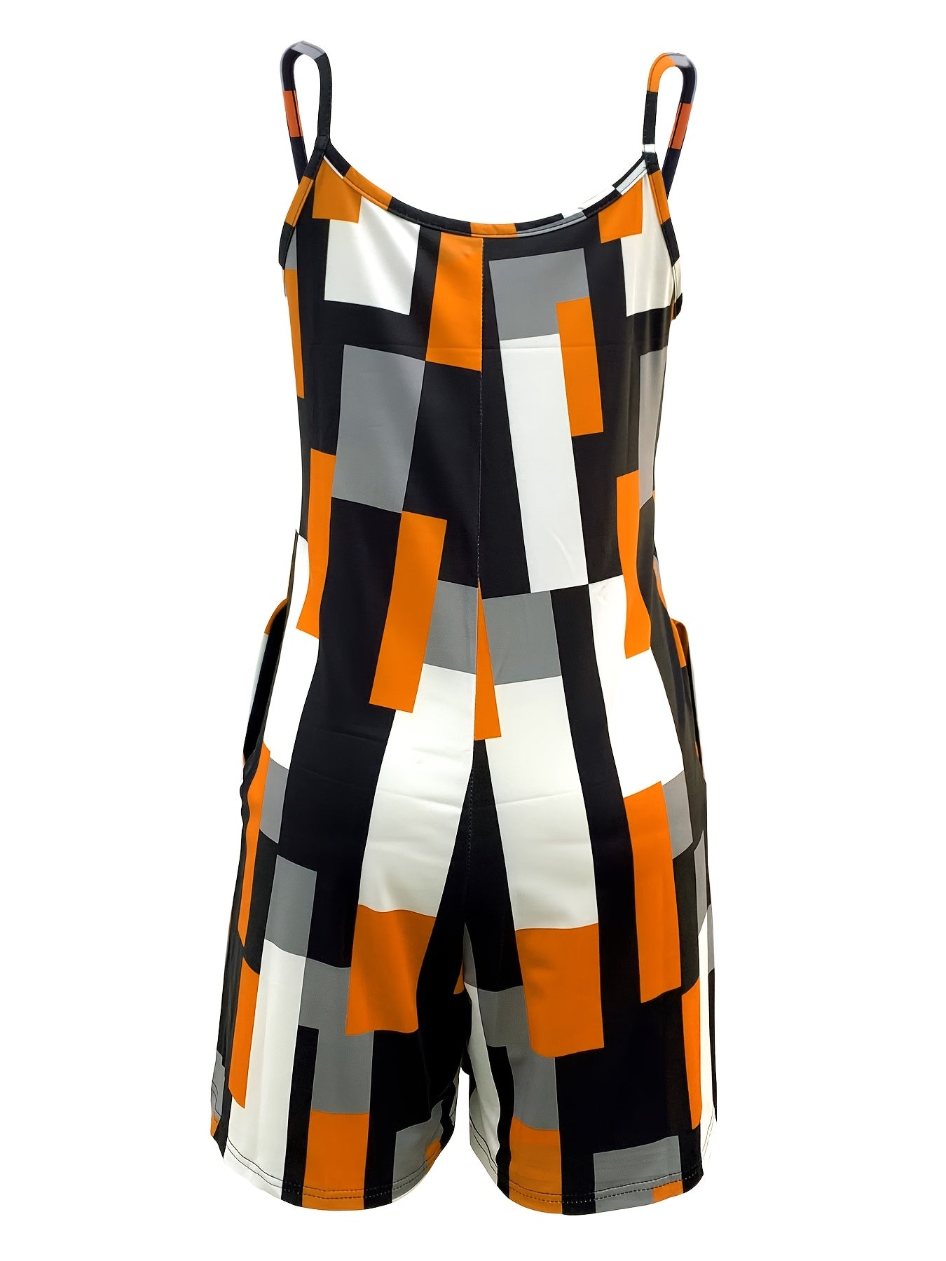 Women's Summer V-Neck Color Block Print Romper with Pockets - Stylish Sleeveless Jumpsuit in Orange, Black, White & Gray, Casual Knit Polyester Blend, Machine Washable, Stylish Leisurewear | Pocketed Outfit | Casual Elegance