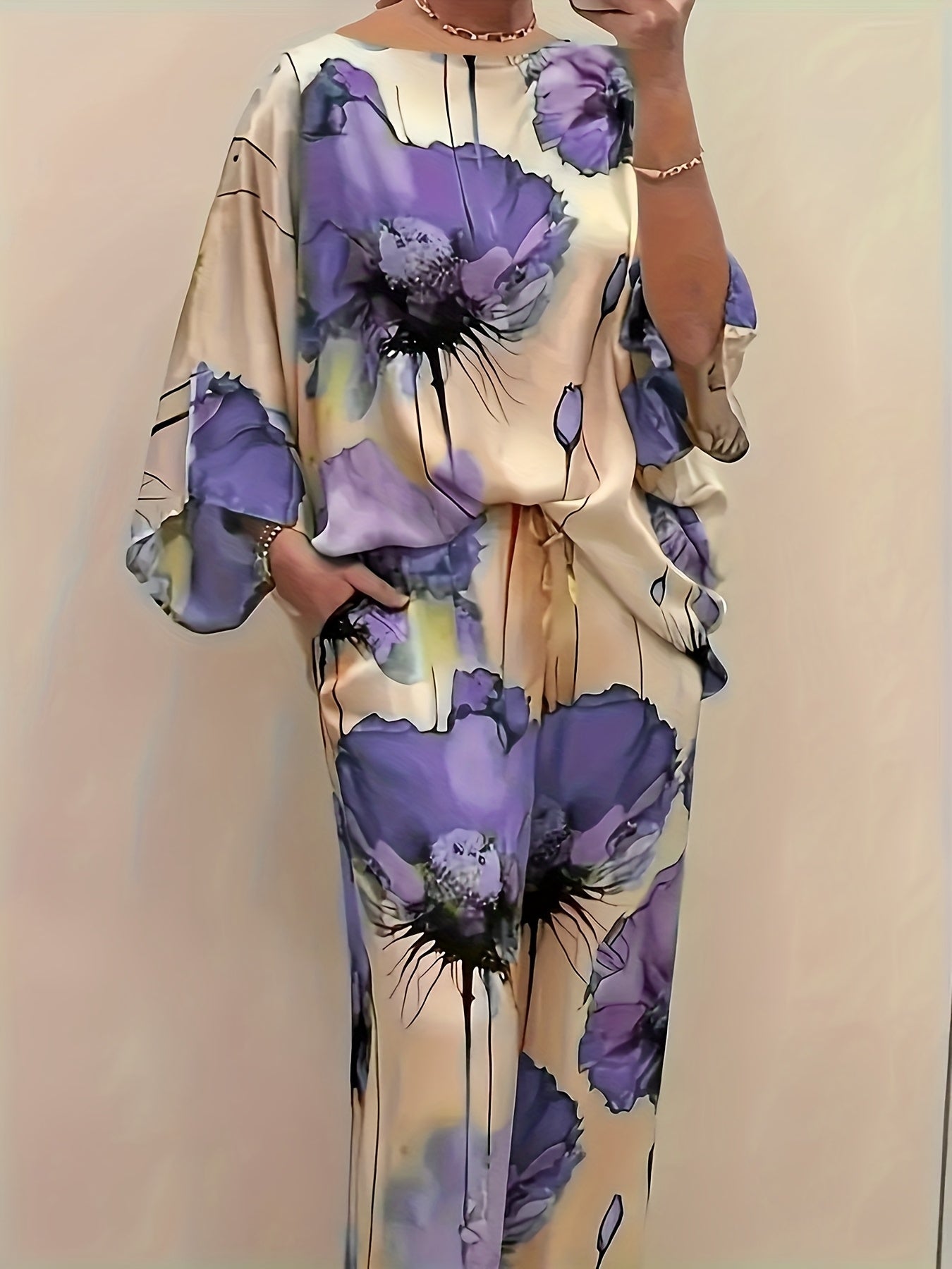 Women's Elegant Floral Print Satin Two-Piece Set: Round Neck Top and Wide Leg Pants