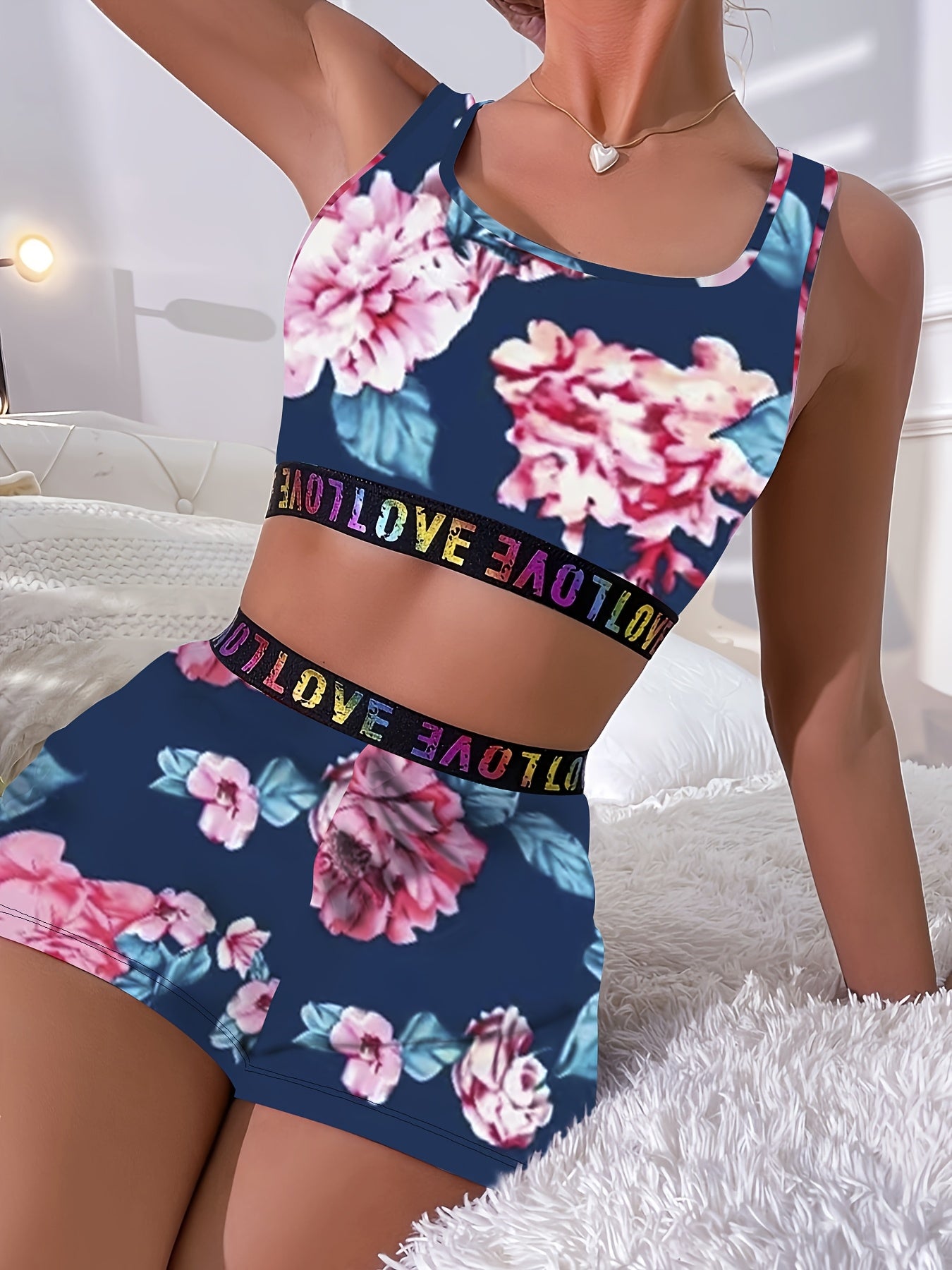 Floral Print Sports Set, U Neck Tank Top & Elastic Waistband Shorts, Women's Clothing