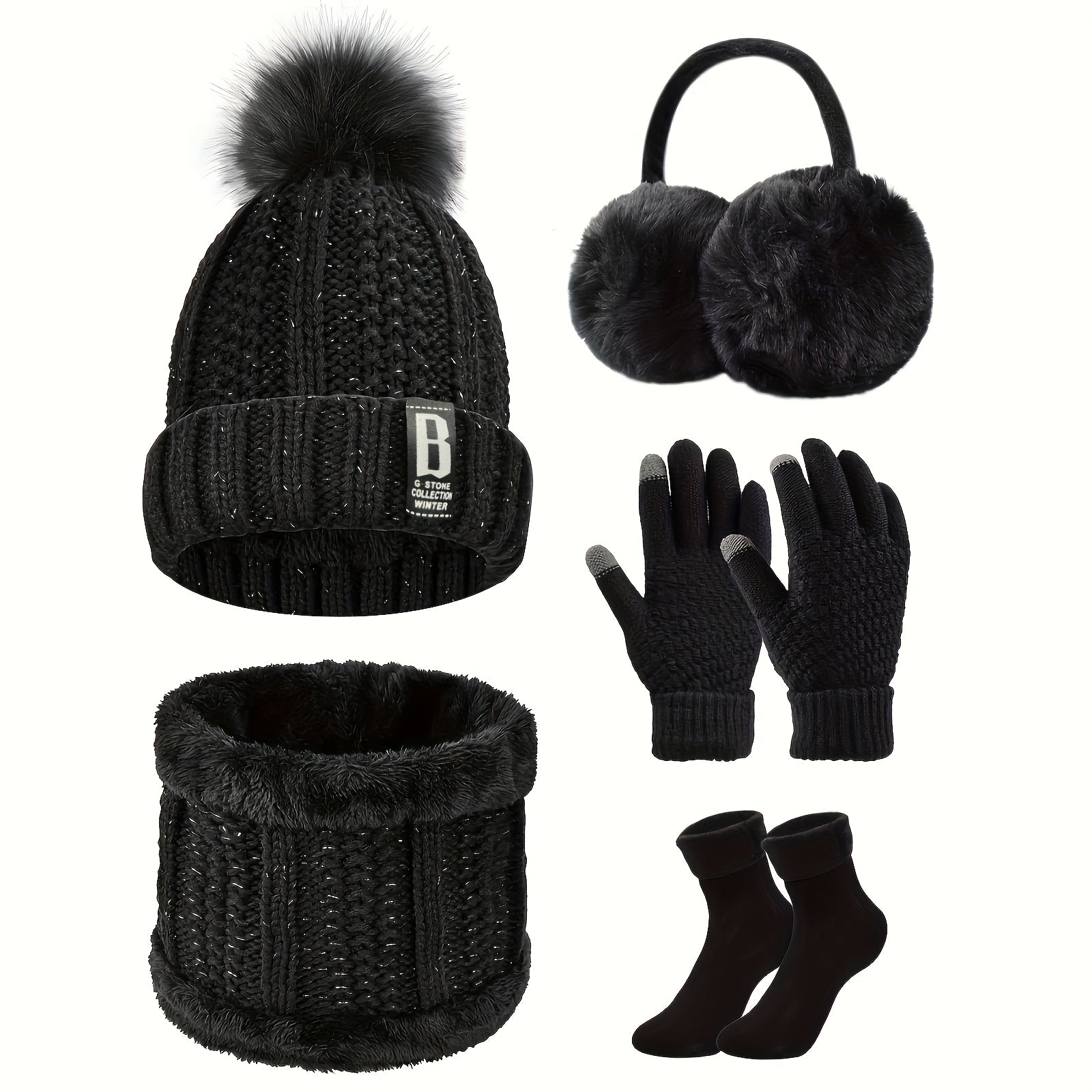 [Winter Sports Bundle] 5pcs/Set Winter Outdoor Sports Equipment - Thick Warm Knit Hat, Neck, Touch Screen Gloves, Plush Ear Muffs and Snow Socks for Skiing, Cycling and Hiking