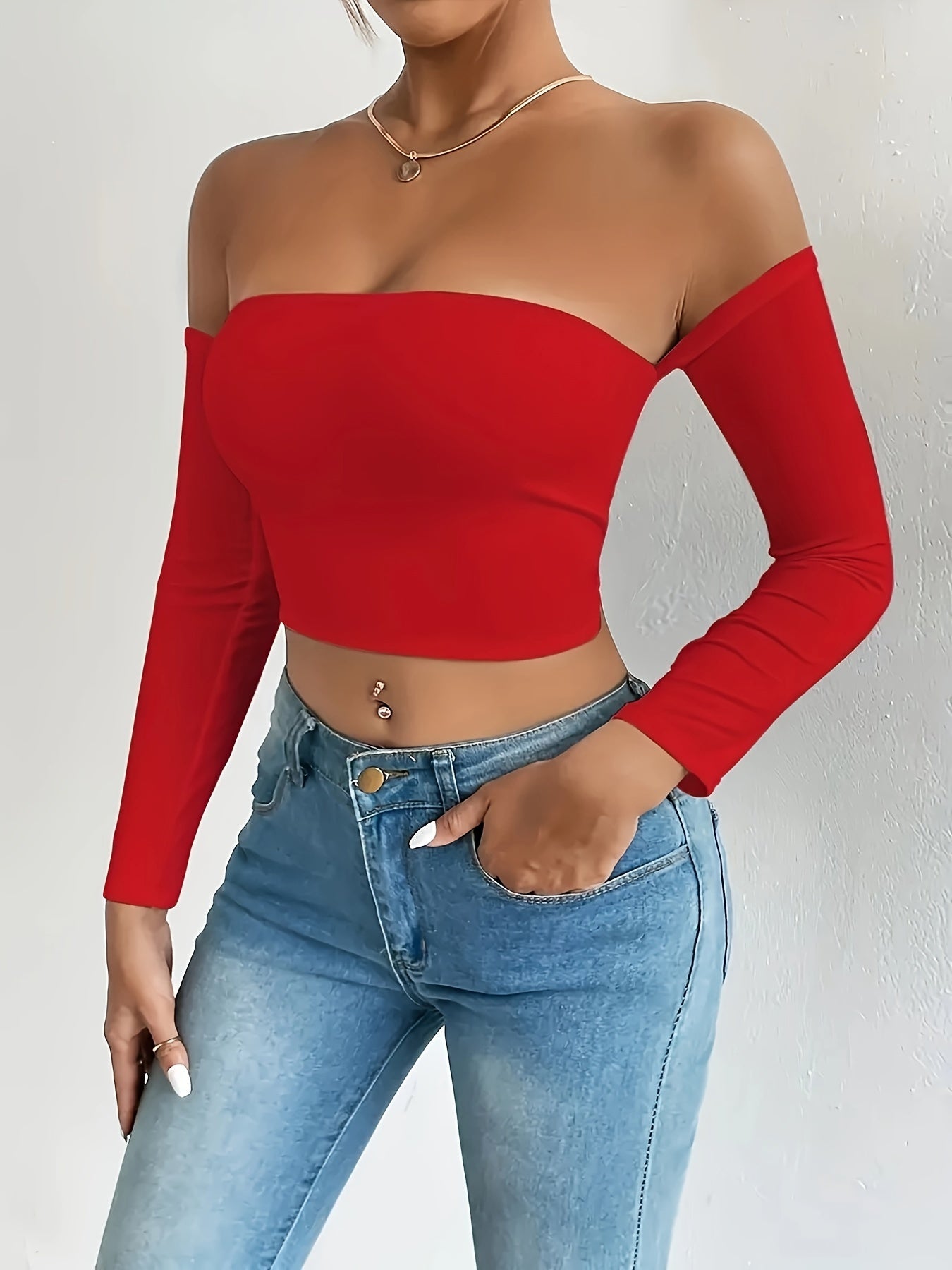 Off Shoulder Crop T-Shirt, Sexy Long Sleeve Slim Top For Spring & Fall, Women's Clothing