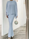 Elegant Light Blue Polyester Skirt Set - Long Sleeve, Round Neck, Flared Leg Design, Machine Washable Women's Fashion Ensemble, Elegant Outfit|Long Sleeve Ensemble|Polyester Fabric