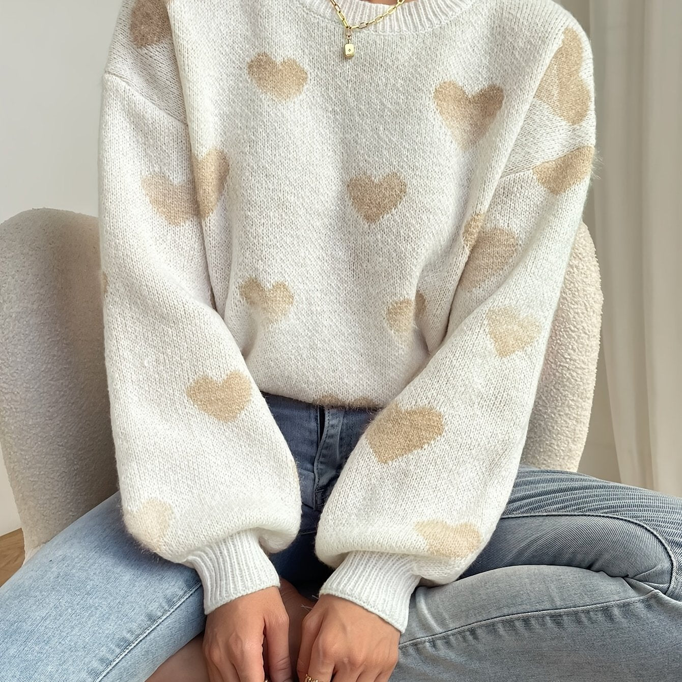 Heart Pattern Drop Shoulder Knitted Sweater, Casual Crew Neck Long Sleeve Pullover Sweater, Women's Clothing