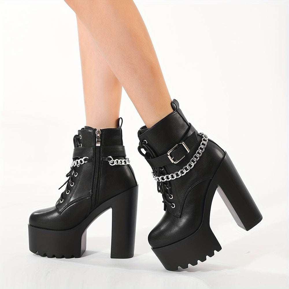 Women's Chain Decor Block Heeled Boots, Fashion Lace Up Side Zipper Boots, Women's Stylish Ankle Boots