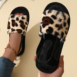 Leopard Print Fuzzy Flat Slippers, Open Toe Elastic Strap Slip On Shoes, Cozy & Warm Home Slipper Sandals - Plush Fleece & Rubber Sole - For Women & Men - Perfect for Relaxing at Home - Ideal Gift for Birthday & Holidays