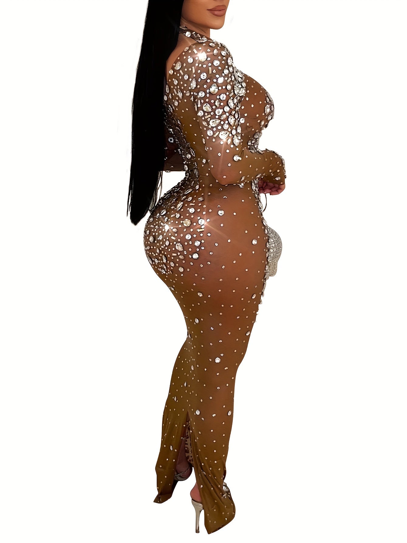 Luxurious Long Sleeve Elegant Rhinestone Dress - Exquisite Skinny Silhouette, Glamorous Formal Design for Upscale Party and Banquet Occasions - Stylish Womens Formal Wear