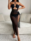 Solid Color Sexy 2 Piece Set Bikini, Halter Neck Contrast Mesh Dress & High Cut Panty Swimsuits, Women's Swimwear & Clothing