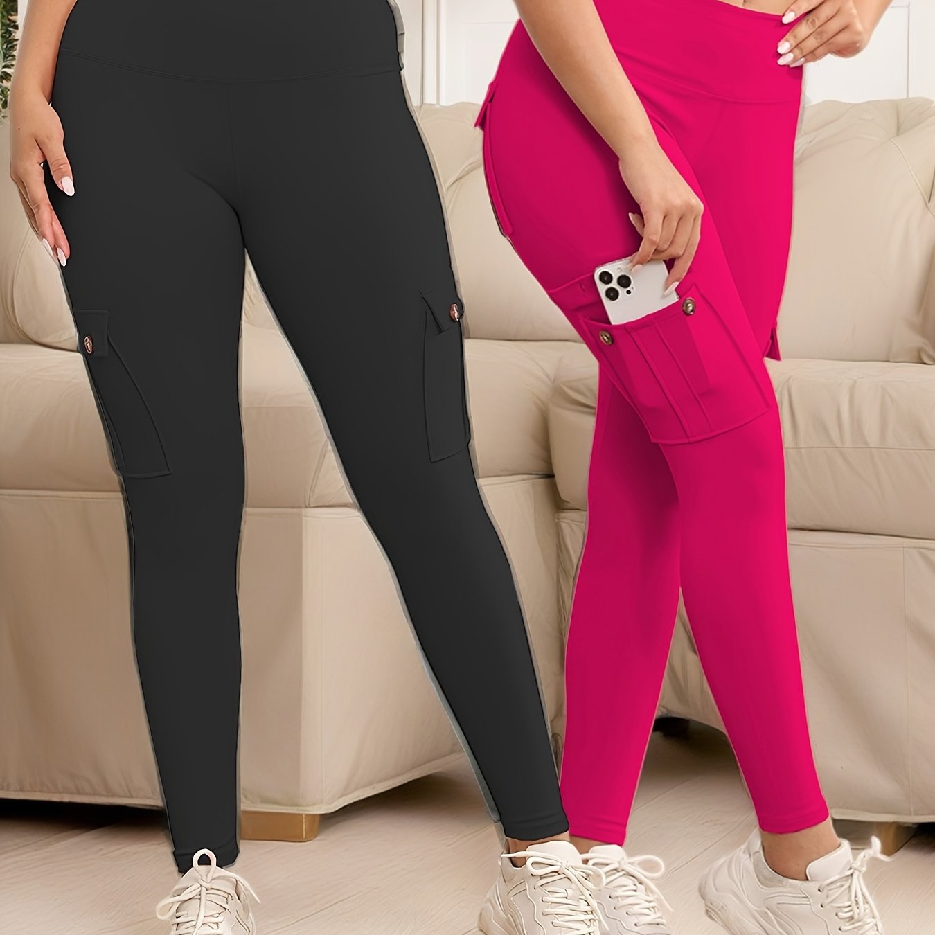2pcs high-waisted yoga leggings with 4-button pockets, multi-pack butt-lifting and abdominal fitness running four-way elastic work pants, 2pcs leggings set