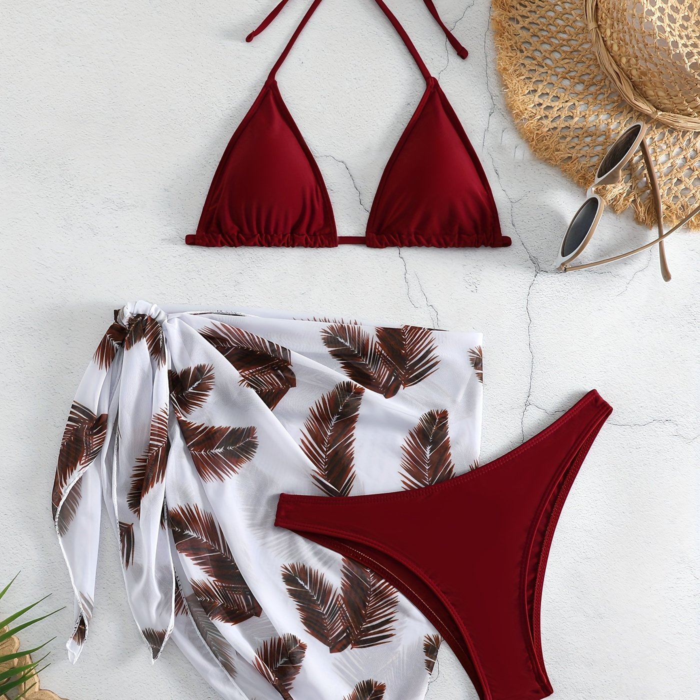 3-Piece Feather Print Bikini Sets, Halter Neck Tie Back Backless High Cut With Cover Up Wrap Swimsuit, Women's Swimwear & Clothing