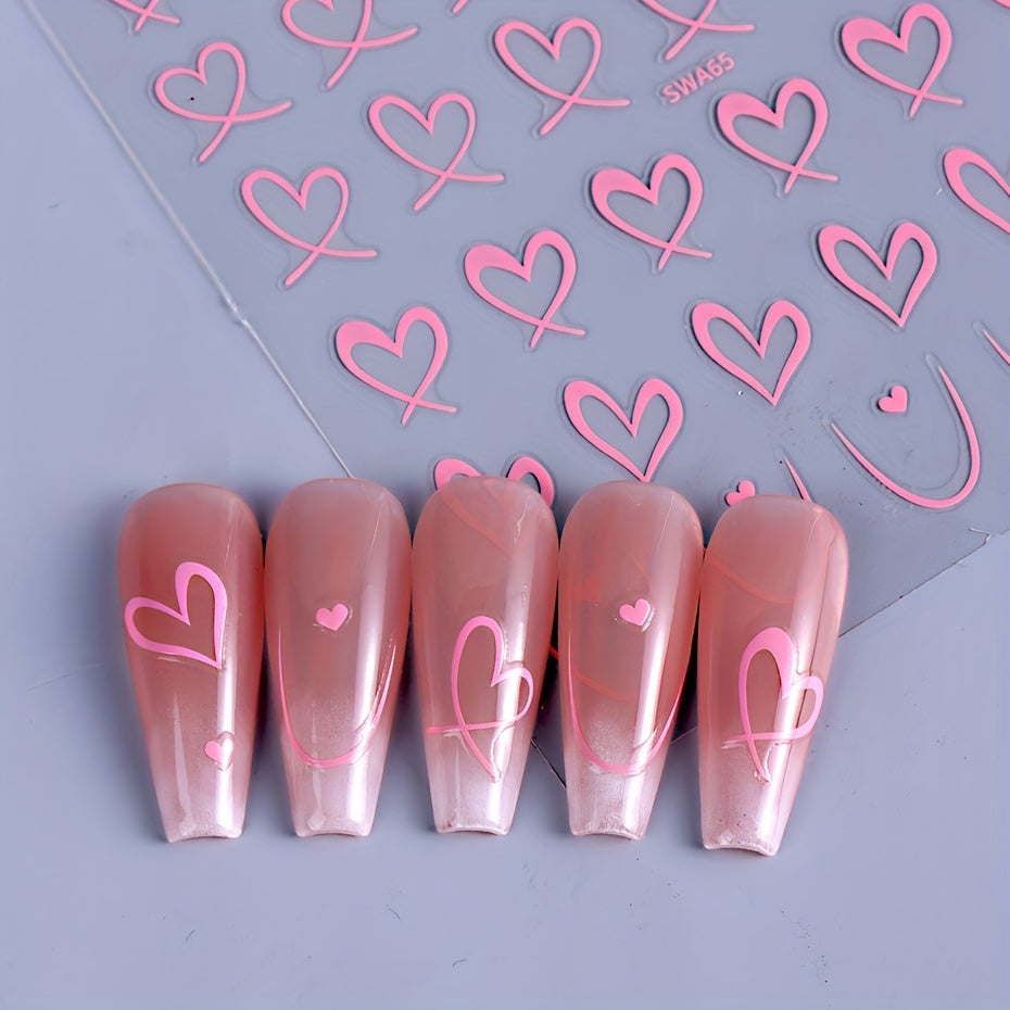8pcs Rectangle Self-adhesive Glossy Plastic Nail Stickers, Pink Black White, Heart Pattern, Valentine Design, Golden Geometry Wave Lines Stripe Stars, Fantasy Theme, with Glitter, for Manicure Decoration