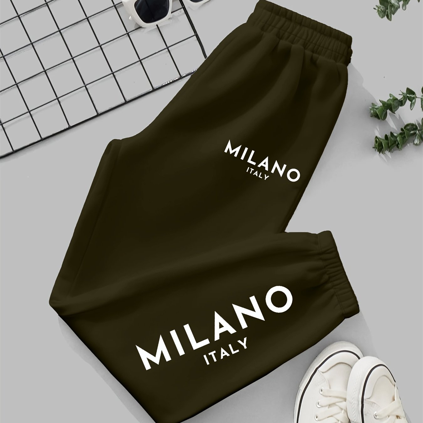 Milano Italy Printed Women'S Jogger Pants, Casual Knit Polyester 100% Fabric, 190g/m², All-Season, with Pockets, Fashionable Long Jogging Trousers for Adult