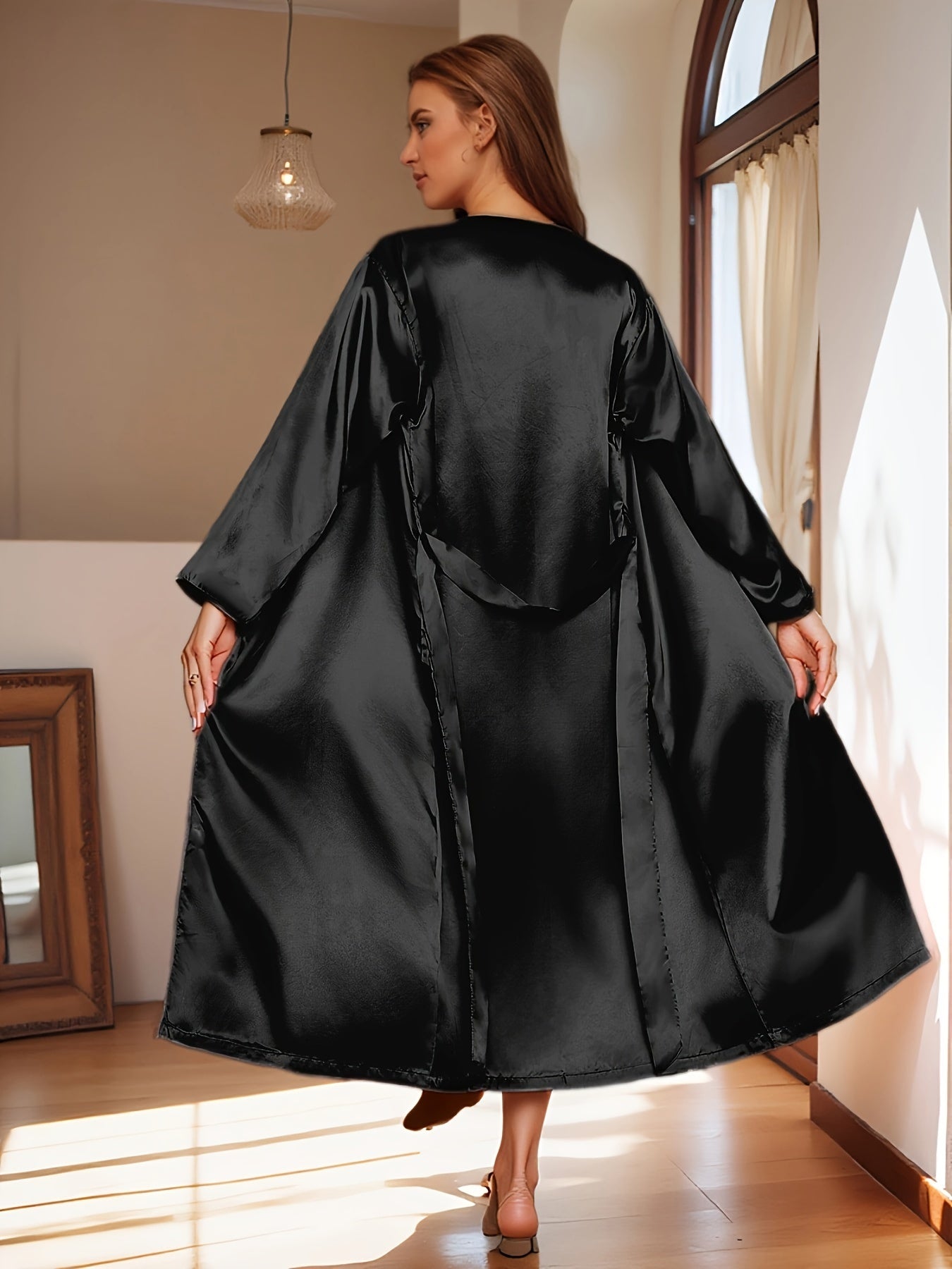 2pcs Women's Elegant V-Neck Satin Pajama Set - Smooth Polyester Fabric, 90g/m², Micro Elasticity - Autumn & Winter Comfortable Home Leisure Wear | Soft & Comfortable | Lace Up Detail