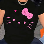 Soft Cotton Hello Kitty Graphic T-Shirt – Cute Black Round Neck Tee with Pink Bow Design, Short Sleeve Casual Wear for Teens | Perfect Gift for Valentine’s Day, Easter, Birthdays, Hello Kitty Shirt