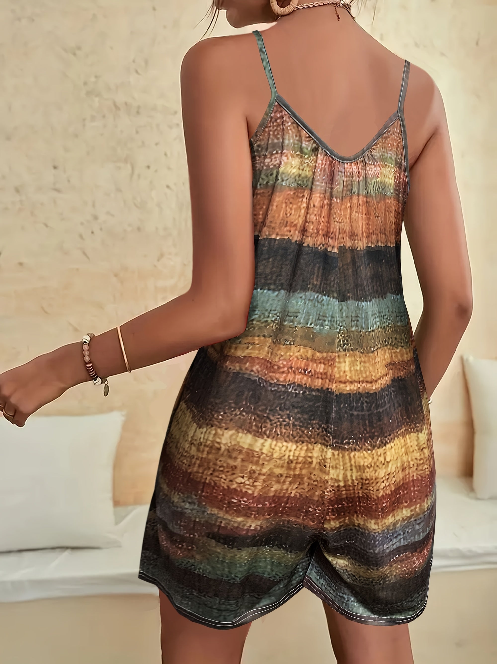 Women's Elegant Off-Shoulder Striped Romper with Pockets - Smooth Polyester Fabric, Micro Elasticity, Detailed Neckline | Vibrant Spring/Summer Fashion | Machine Wash