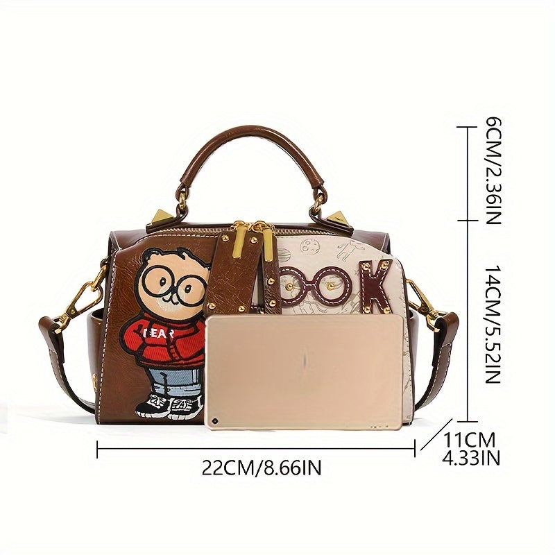 Vintage Cartoon Bear Print PU Leather Shoulder Bag with Embroidered Detail, Removable Strap, Zipper Closure, Polyester Lined, Animal Print Design, Edge Painted Boston Handbag