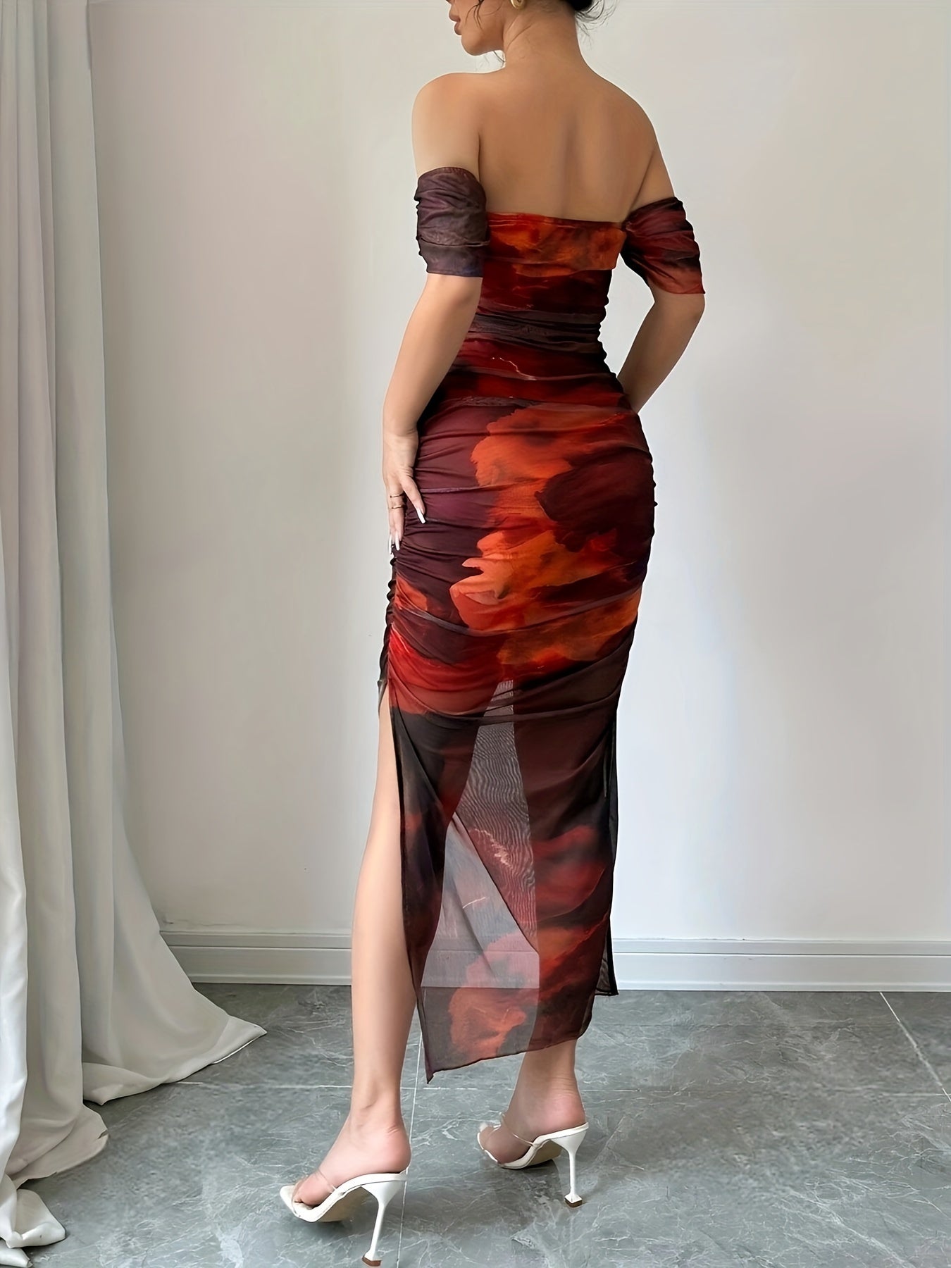 Stretchy Polyester Blend, Ruched Side Slit, Machine Washable, All-Season Bodycon for Women