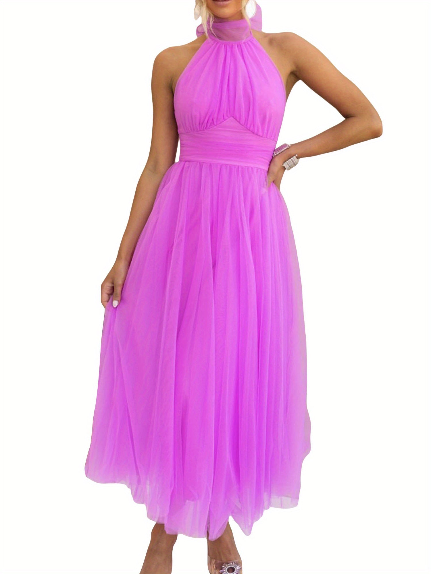 Womens Backless Long Dress Adjustable Tie Halter Neck Tulle High Waist Solid Party Wedding Dress