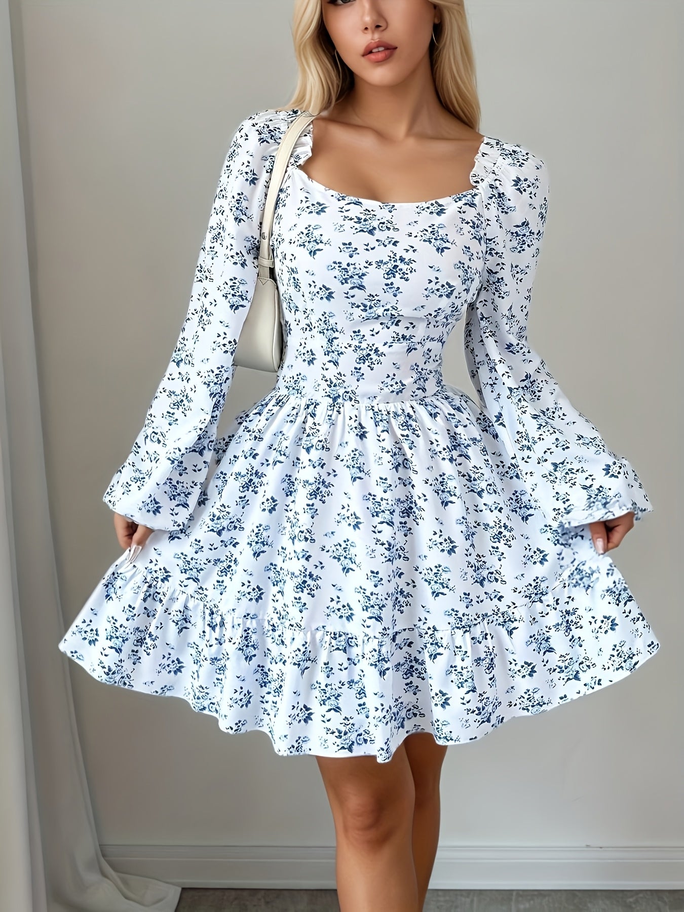 Women'S Sexy Elegant Square Neck Floral Print Long Sleeve Dress with Shirred Back Tie and Ruffle Detail, Polyester, All-Season Wear
