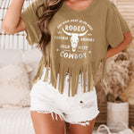 Autumn Women's Patterned T-shirt Western Style Shirt Retro Denim Tassel Shirt Country Concert Top Short Sleeved