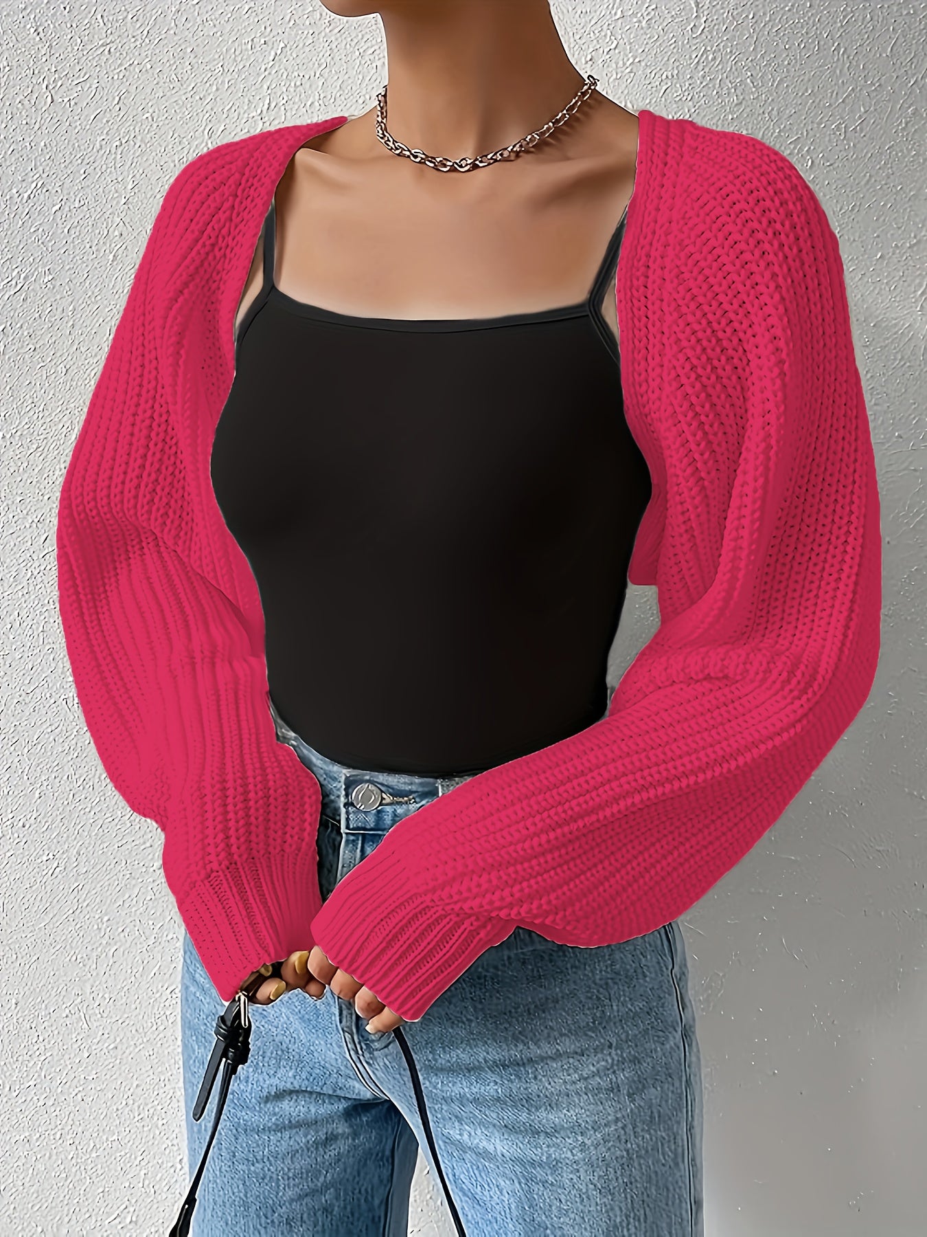 Vibrant Solid Color Crop Knitted Cardigan - Soft, Cozy, Long Sleeve, Drop Shoulder, Open Front Design - Perfect for Spring & Fall, Women's Casual Clothing