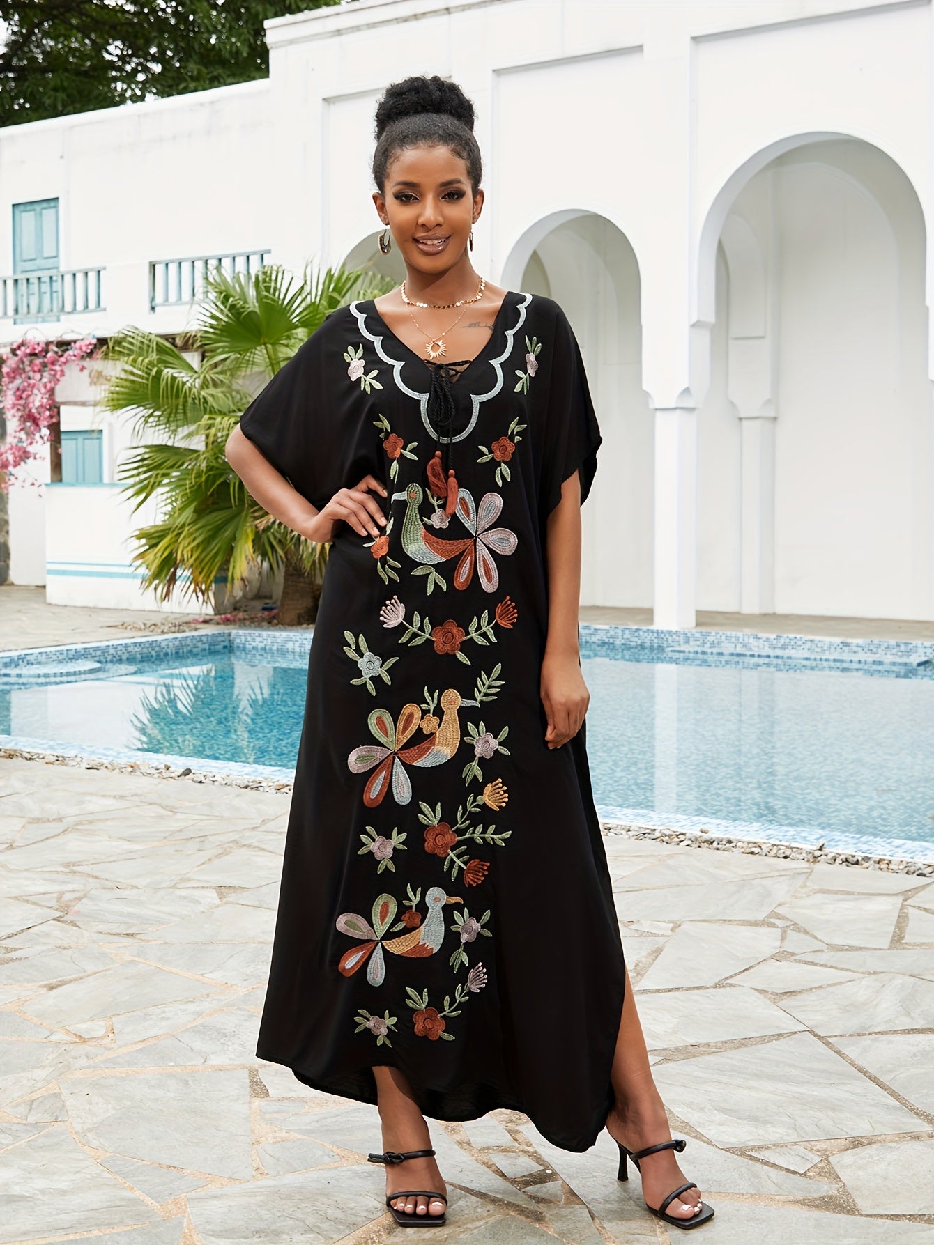 Bohemian Golden Embroidered Plus Size Maxi Dress with Bat Sleeves for Ramadan