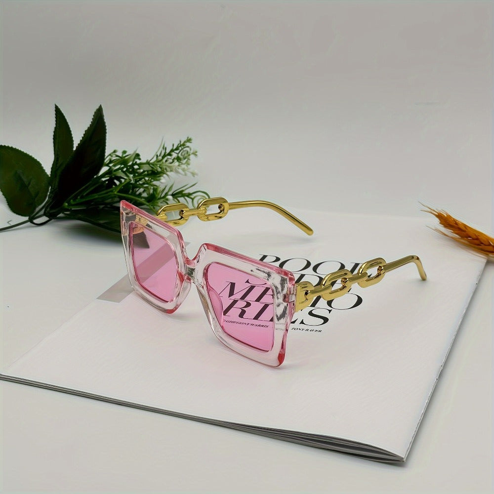 Ladies' Luxurious Square-shaped Fashionable Glasses, With Golden Chain Legs, Reflective Lenses, Transparent Frames, Very Suitable For Vacation And Casual Wear During Classes | Decorative Chain Details | Golden Decoration
