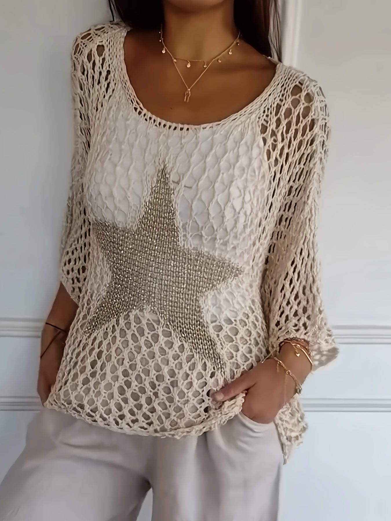 Women's Loose Hollow Star Cardigan Round Neck Shirt Summer Swim Cover-Up