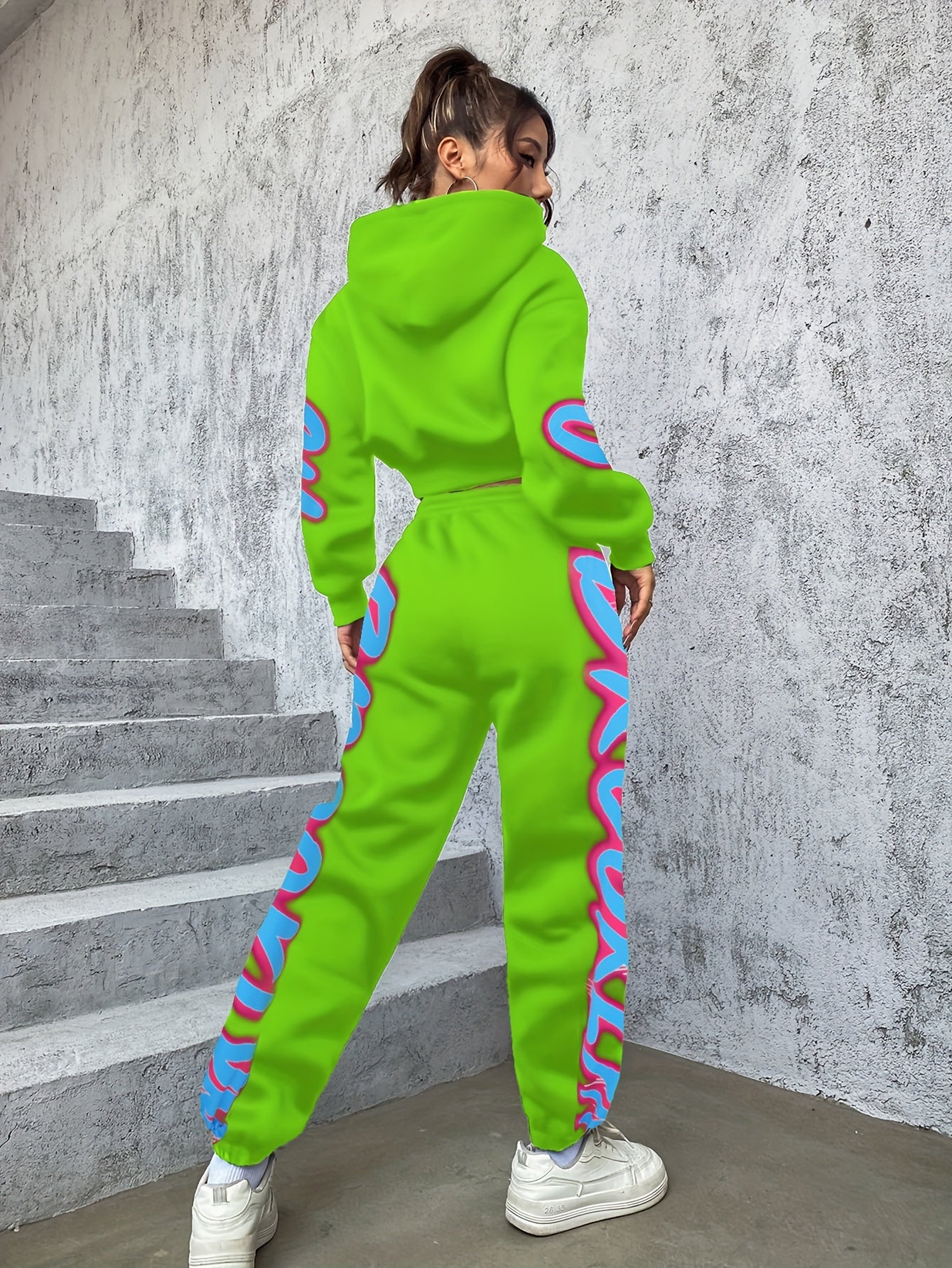 Women'S Spring/Fall Hooded Sweatshirt and Pants Set, Polyester 98% Elastane 2%, Alphabet Pattern, Knit Fabric, 250g/m² - A3964