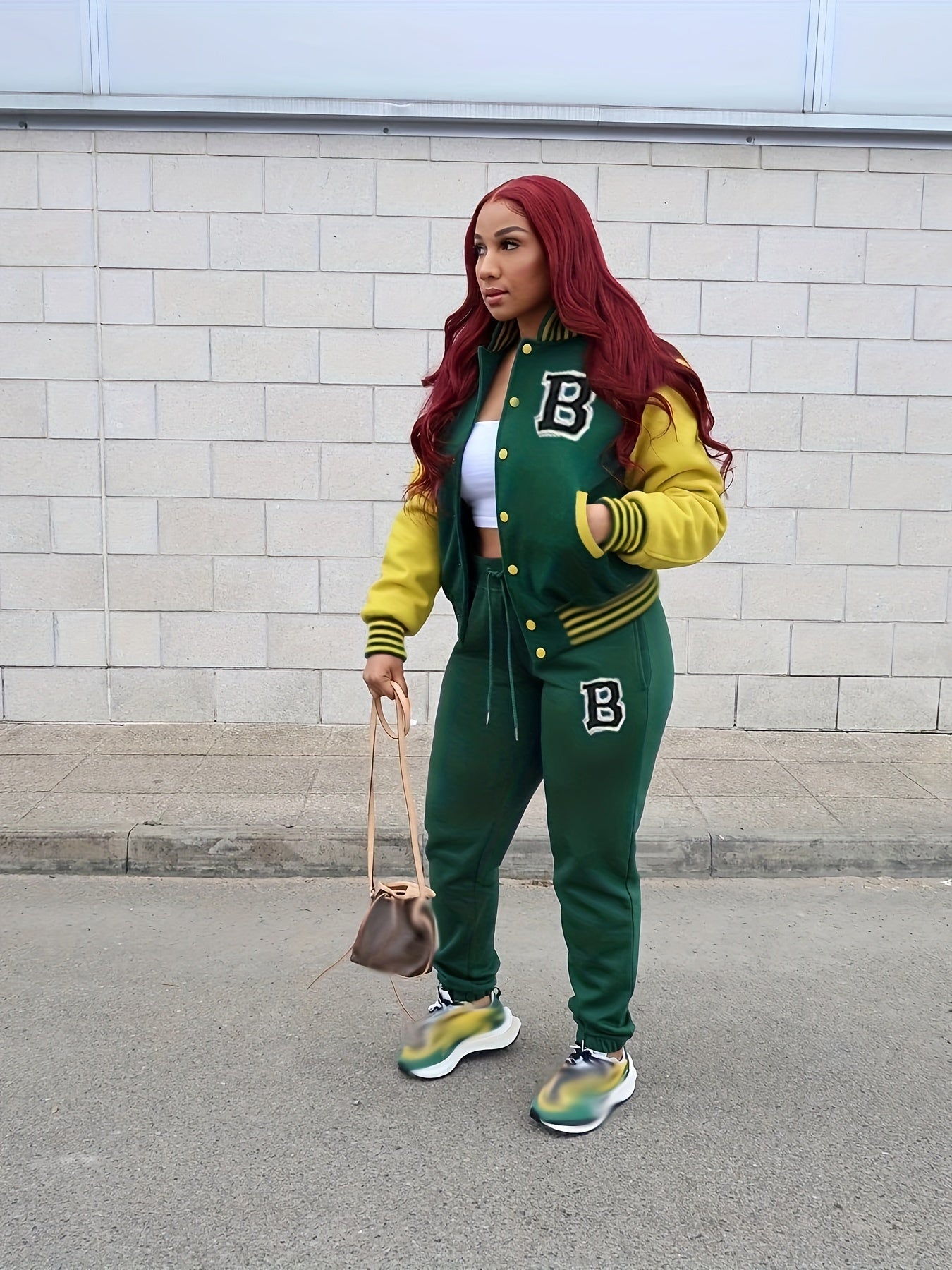 Two-piece Set, Button Front Varsity Jacket & Drawstring Jogger Pants Outfits, Letter Pattern Casual Women's Clothing