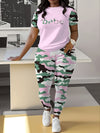 Adorable 'BEBE' Letter Print & Camo Patchwork Spring/Summer Set - Comfy Polyester Blend T-Shirt & Joggers, Machine Washable, for Women