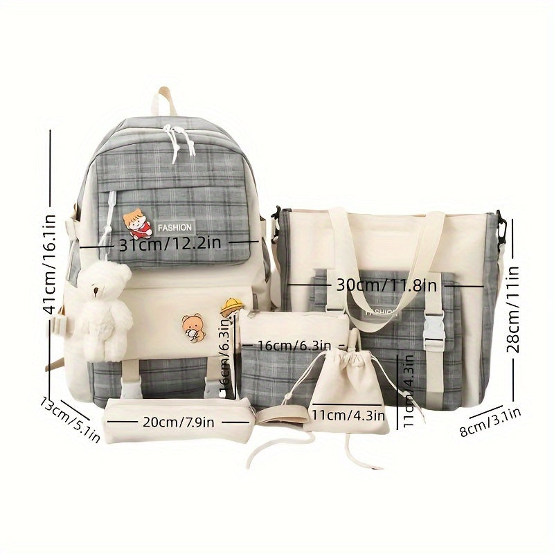 Fashionable And Lovely Plaid Backpack - Five-piece Set - Casual Simple Backpack - For Women - Suitable for School, Travel, Everyday Use - Perfect Gift for Teen Girls