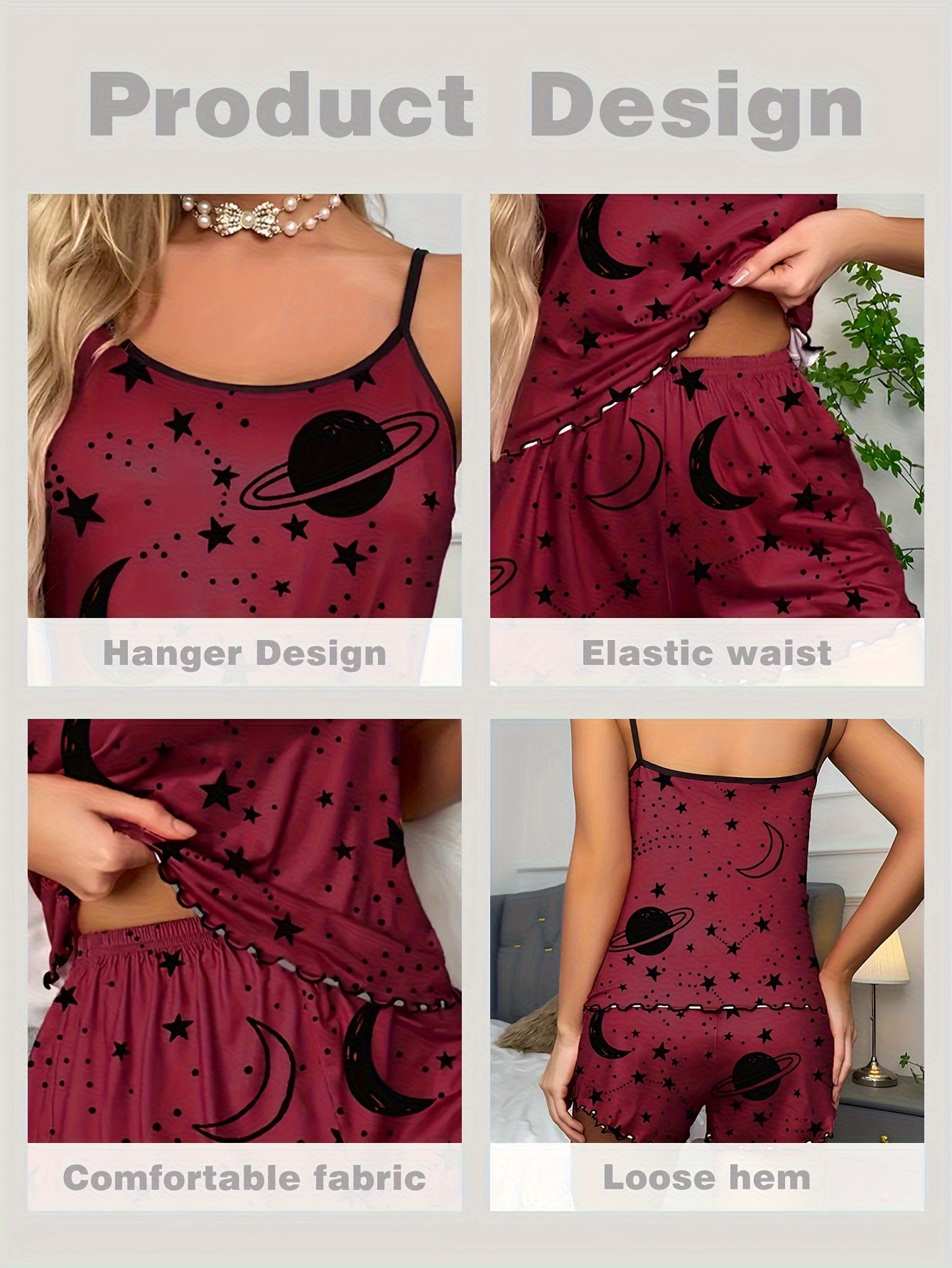 Moon & Star Print Lettuce Trim Pajama Set, Crew Neck Backless Cami Top & Elastic Shorts, Women's Sleepwear & Loungewear
