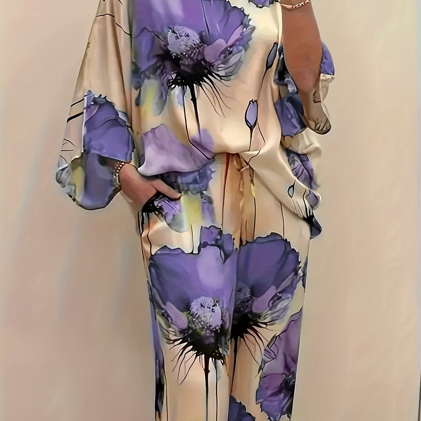 Women's Elegant Floral Print Satin Two-Piece Set: Round Neck Top and Wide Leg Pants