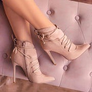 Pointed Stiletto Heel High Heels Solid Color Side Zipper Lace-up Booties