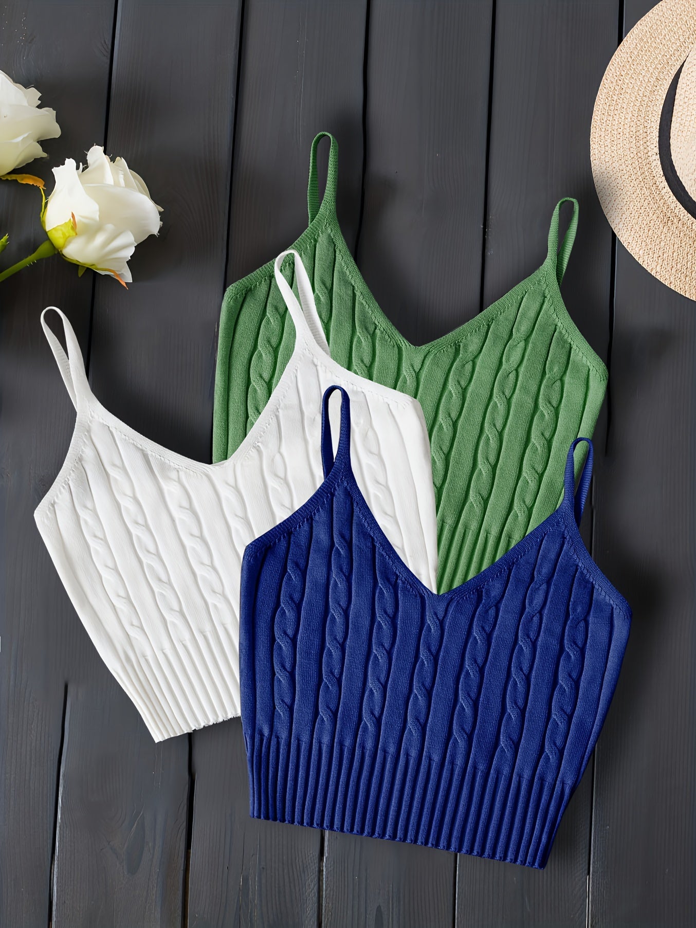 3-Pack Valentines Day Cable Knit Cami Tops - Soft V-Neck, Sleeveless Slim Crop, Adjustable Straps, Versatile Layering Essential - Womens Clothing, Celebrate Love in Style