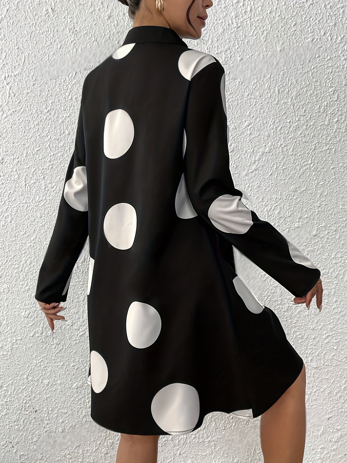 Women's Casual Polka Dot Long Sleeve Knee-Length Dress with Stand Collar and Bow Detail, 100% Polyester Woven Fabric, All-Season Loose Fit A-Line Dress with Flared Hem, Long Sleeve Dress
