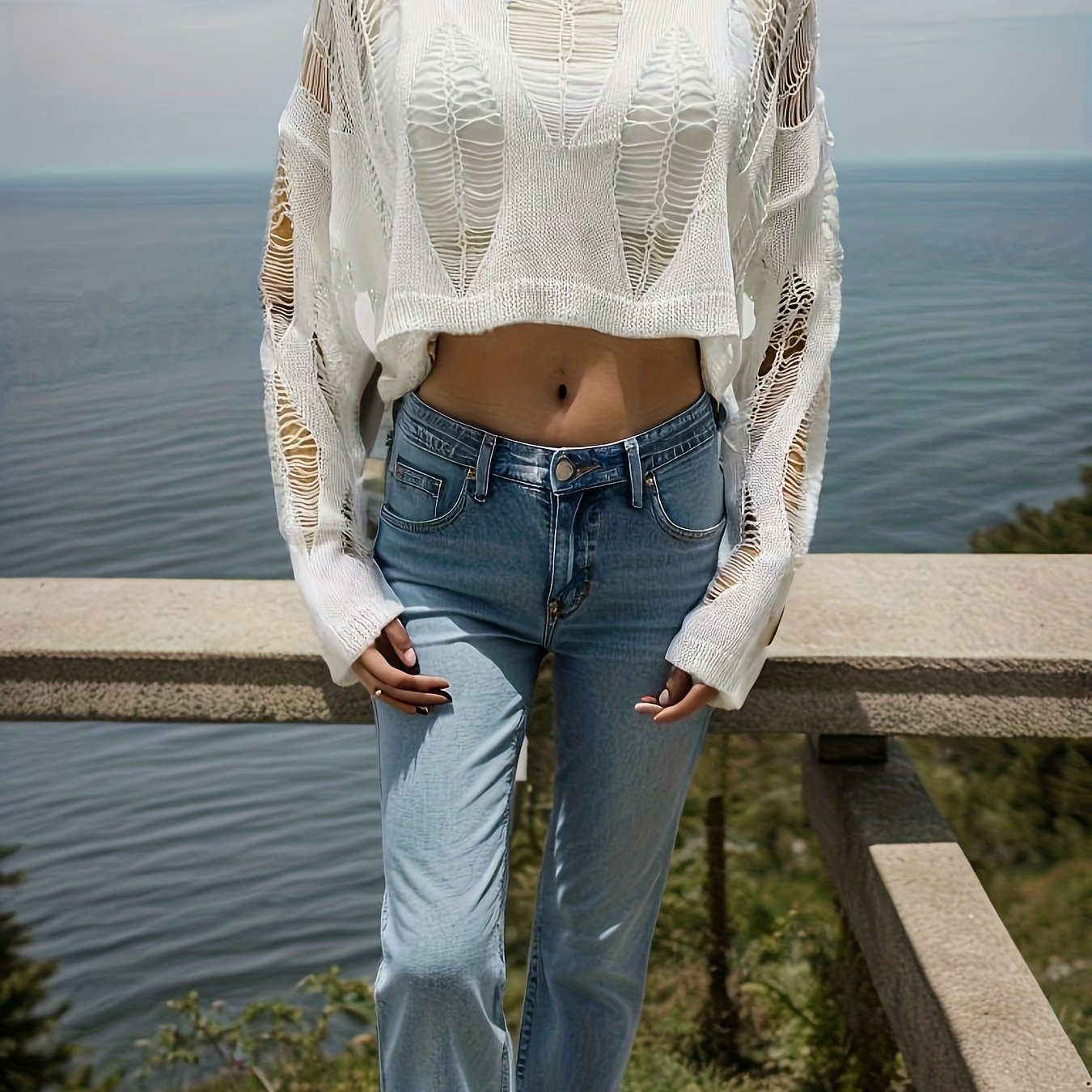 Solid Cut Out Crop Knitted Sweater, Cute Long Sleeve Crew Neck Sweater For Spring & Summer, Women's Clothing