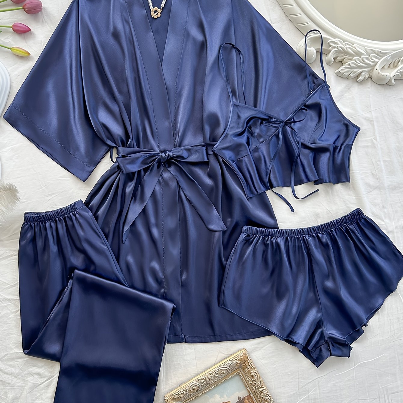 Women'S V-Neck Sexy Comfortable Robe Set with Mini Spaghetti Strap Shorts and Long Pants, Four Pieces