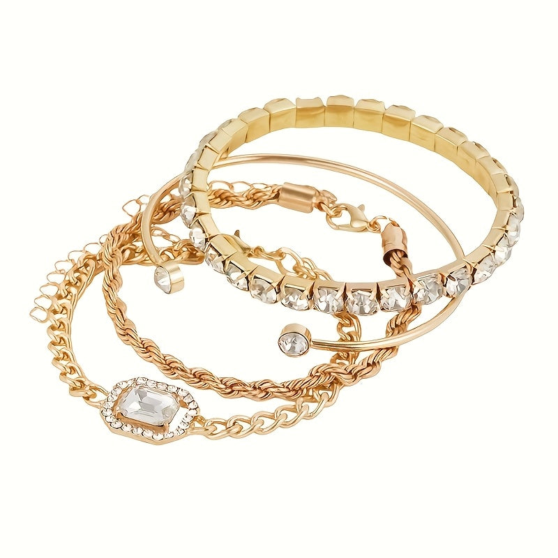 4pcs/Set Elegant Imitation Gemstone Rhinestone Claw Chain Twist Bracelet Open Bangle for Women, Perfect for Vacation & Casual Attire