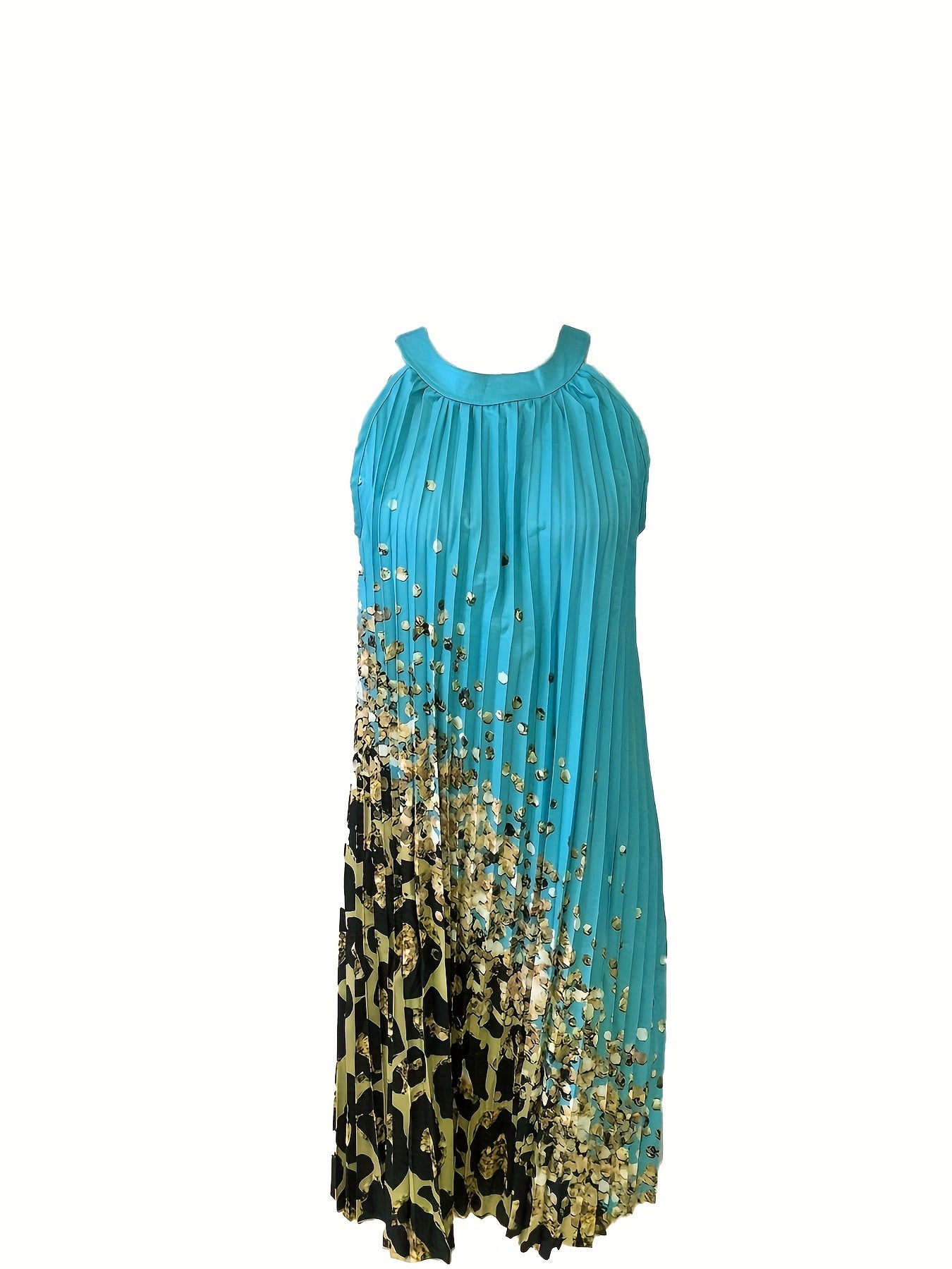 Graphic Print Pleated Halter Neck Dress, Elegant Sleeveless Loose Dress For Spring & Summer, Women's Clothing
