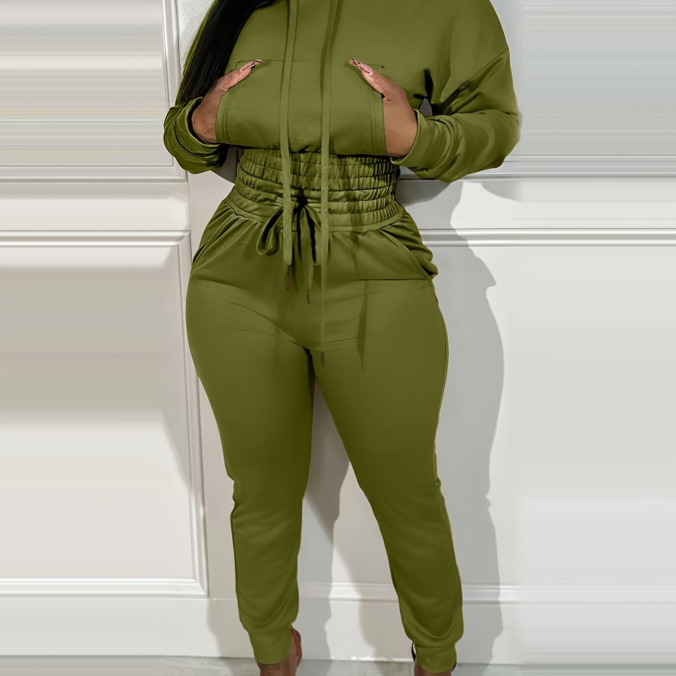 Two-piece Long Sleeve Kangaroo Pocket Drawstring Hoodie & High Waist Drawstring Jogger Pants, Casual Solid Color Women's Clothing Set
