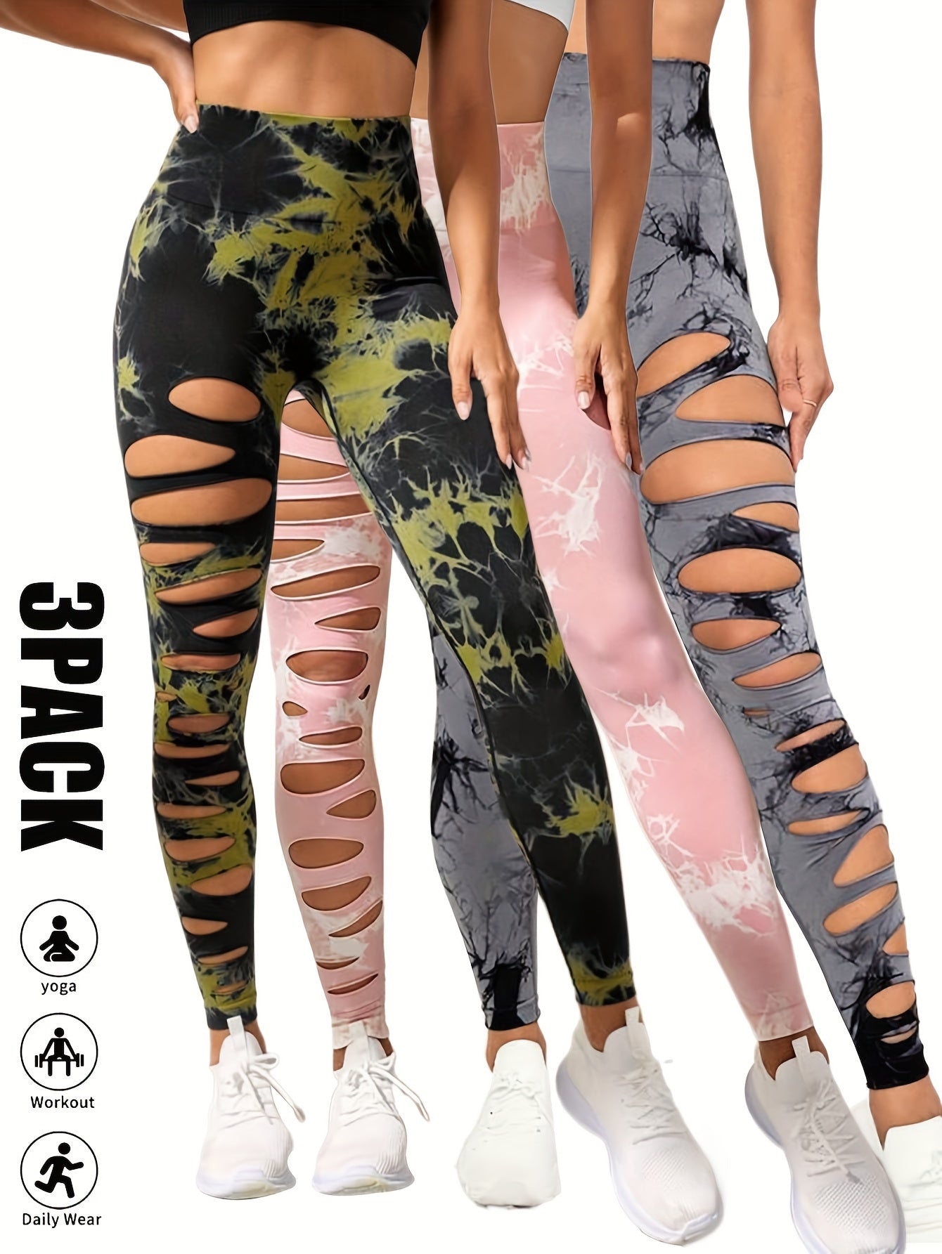 [3 Pack High Waist Yoga Leggings] 3 Pack Women's Tie Dye Cutout Tights High Waist Workout Yoga Leggings, Scrunch Butt Lifting Elastic Pants, Womens High Waist Yoga Pants Cutout Ripped Tummy Control Workout Running Yoga Skinny